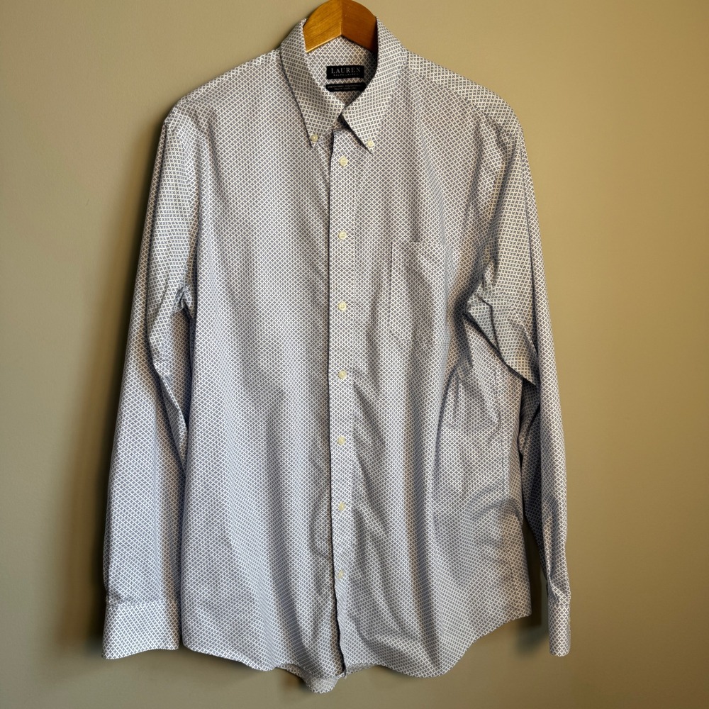 Lauren Ralph Lauren Mens Button Up Shirt‎ Blue White 17-36/37 Allover Cross